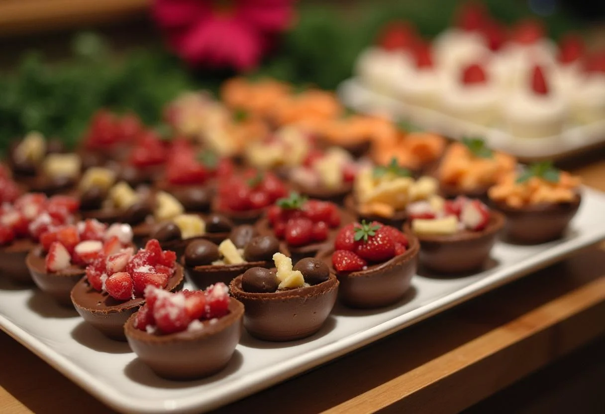 Prato de shot chocolate crocante aerado decorado, perfeito para festas.