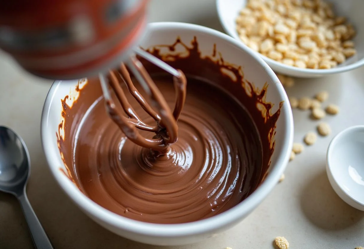 Mistura de chocolate derretido e cereal crocante para fazer shot chocolate.