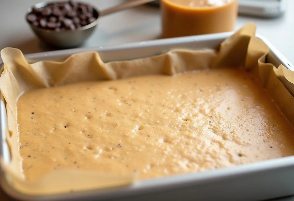 Base de bolacha prensada para Snickers Chocolate Caseiro sendo preparada.