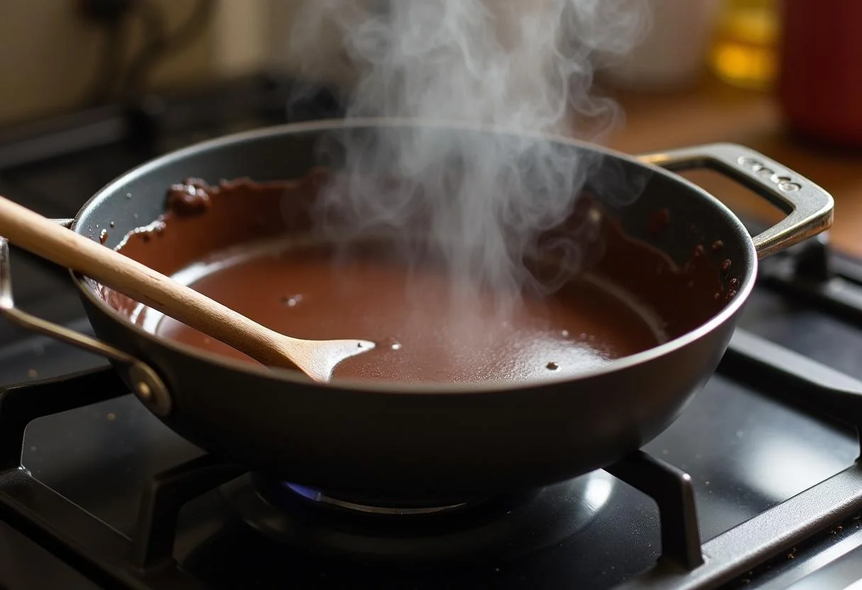 Derretendo chocolate amargo em uma panela para receita de chocolate de bolinha crocante.