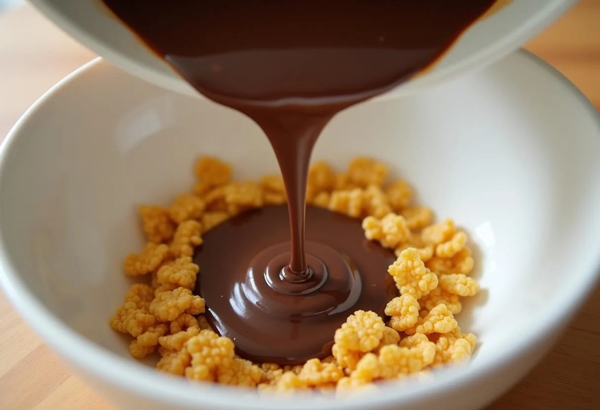 Despejando chocolate derretido sobre flocos de milho e nozes para chocolate de bolinha crocante.