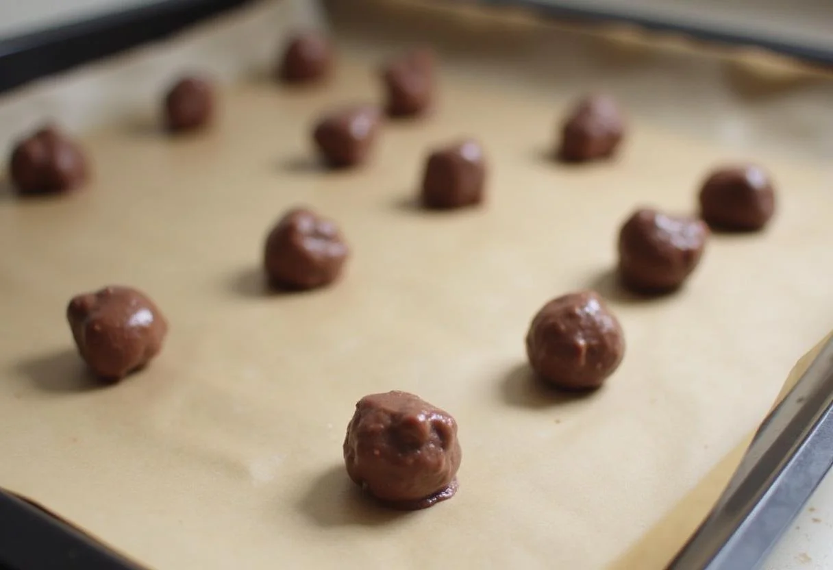 Bolinhas de chocolate de bolinha crocante sendo formadas em uma assadeira para resfriamento.