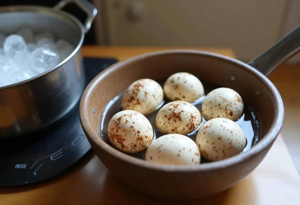 Tigela de água com gelo preparada para resfriar os ovos de codorna cozidos na receita de conserva de ovo de codorna.