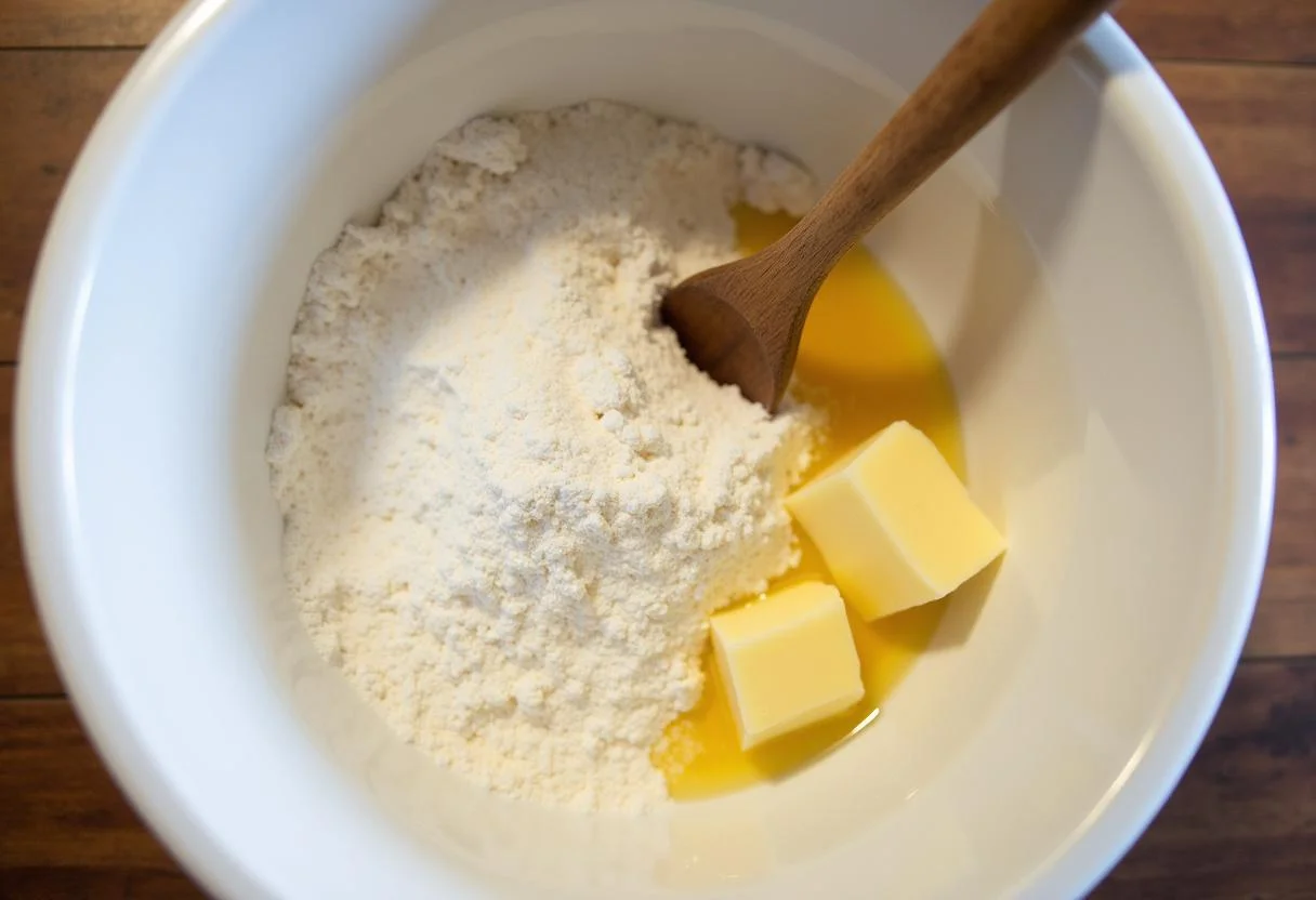 Mistura de farinha, açúcar e manteiga em uma tigela para fazer cookies com chocolate MMs.