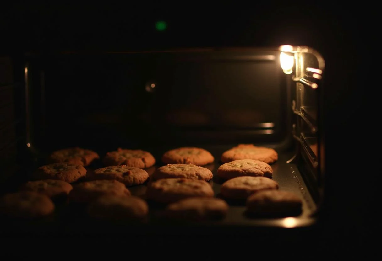 Cookies com chocolate MMs assando no forno, liberando aroma delicioso.