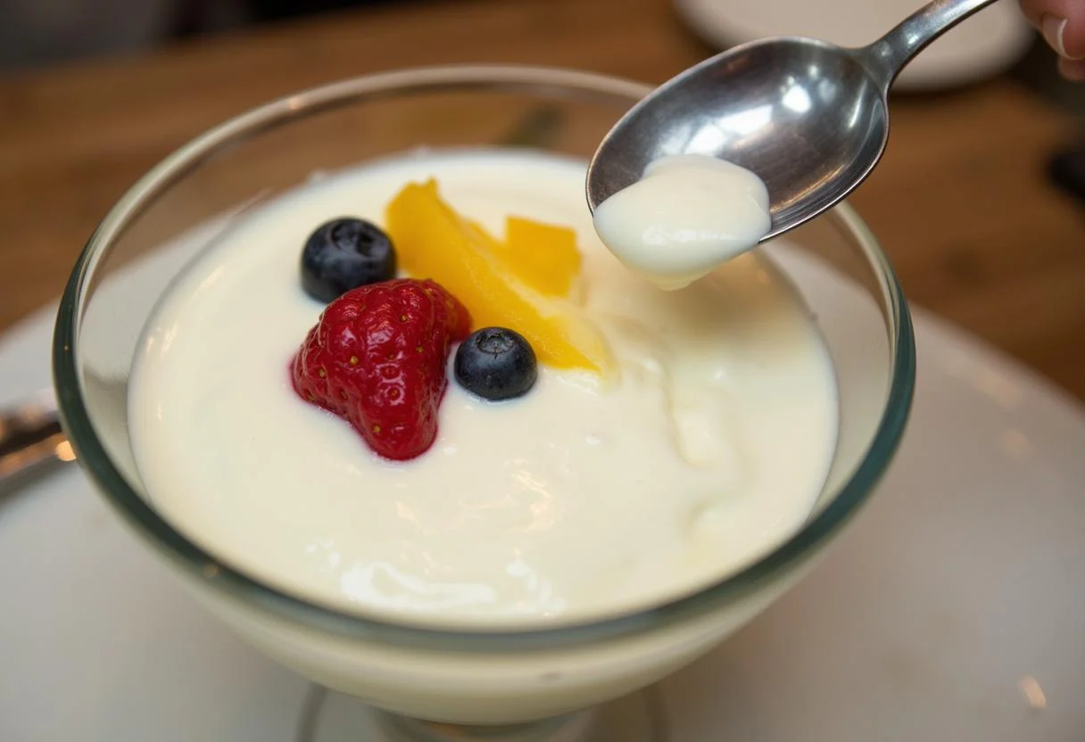 Creme de leite Italac UHT sendo colocado em taças para sobremesas deliciosas.