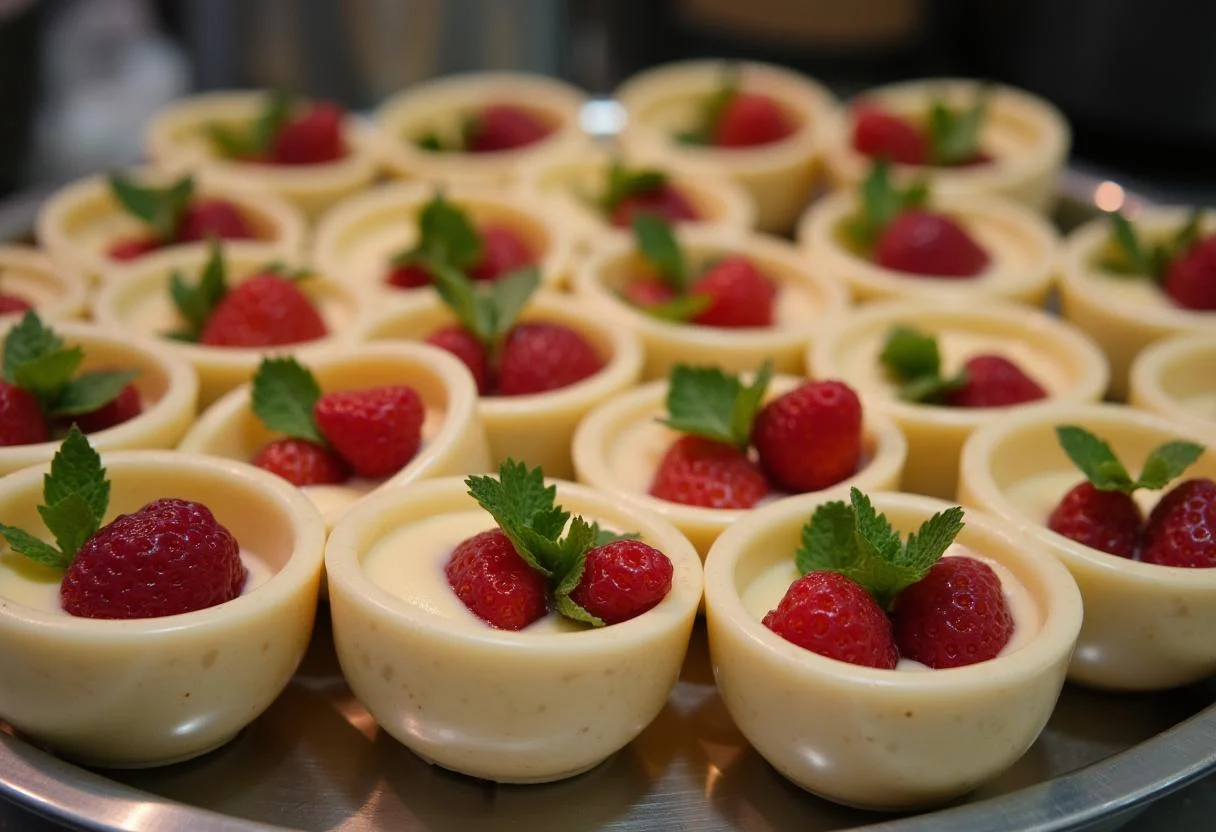 Taças de sobremesa com creme de leite Italac UHT e fruta fresca, prontas para servir.