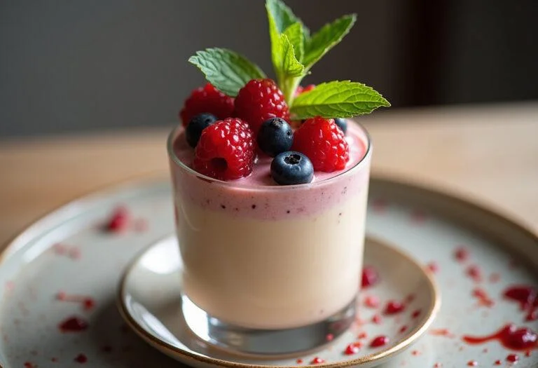 Delicious dessert with creme de leite mococa garnished with berries and mint.