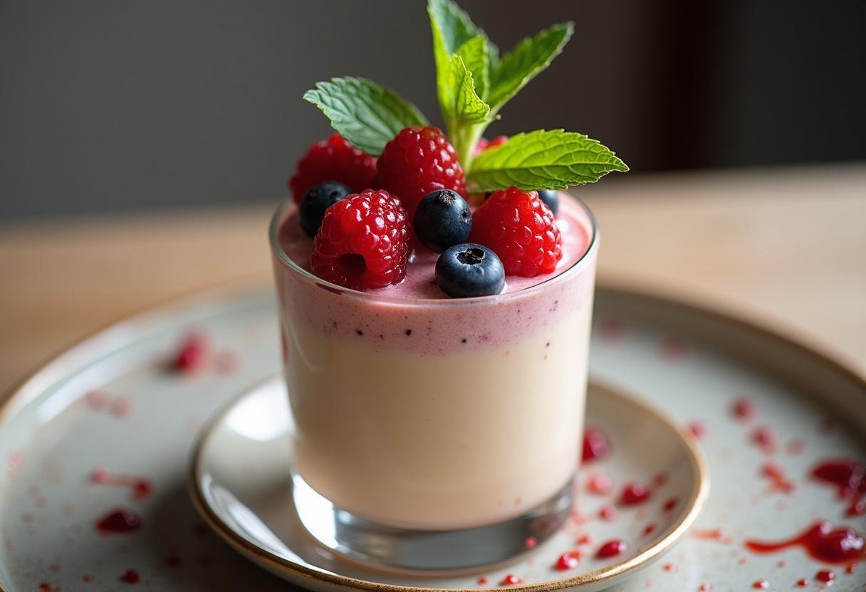 Delicious dessert with creme de leite mococa garnished with berries and mint.