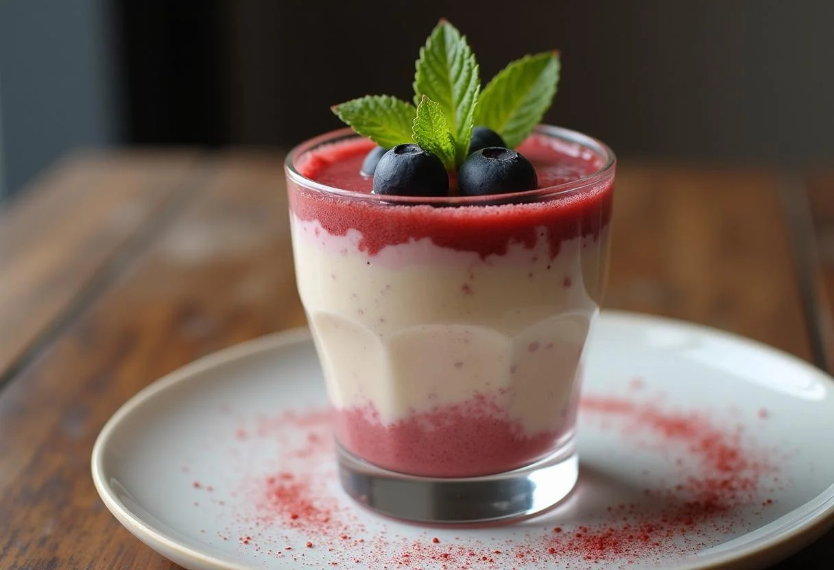 Sobremesa deliciosa com creme de leite Mococa, decorada com frutas vermelhas e hortelã.