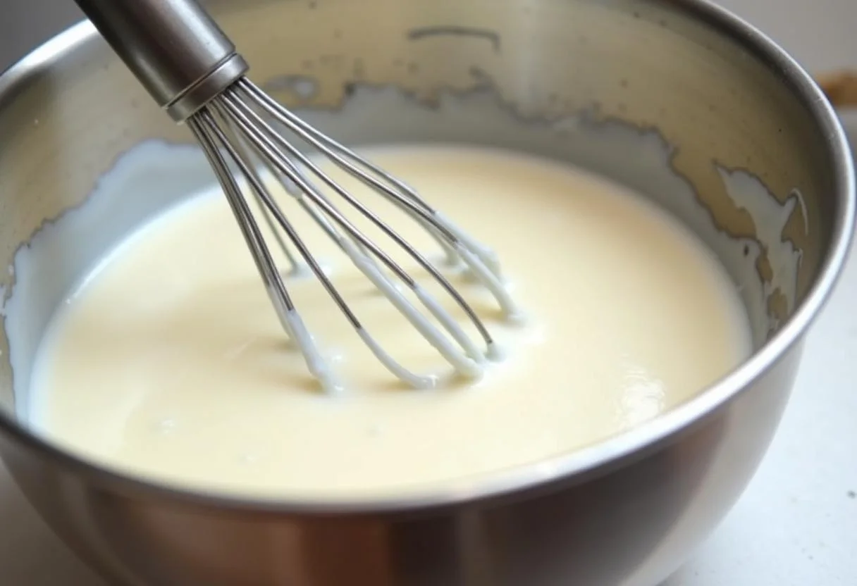 Batedor misturando creme de leite fresco e açúcar para a receita de creme de leite Mococa.