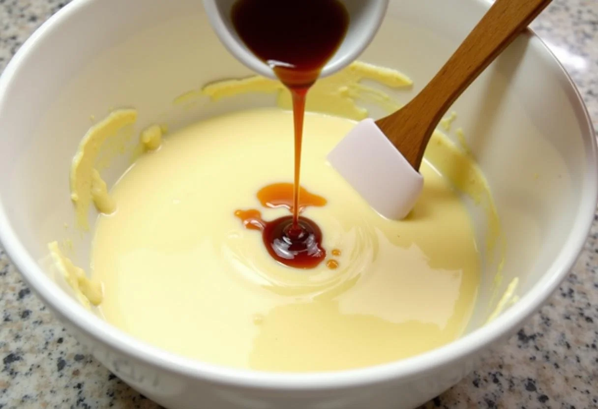 Adicionando extrato de baunilha à mistura cremosa para creme de leite Mococa.