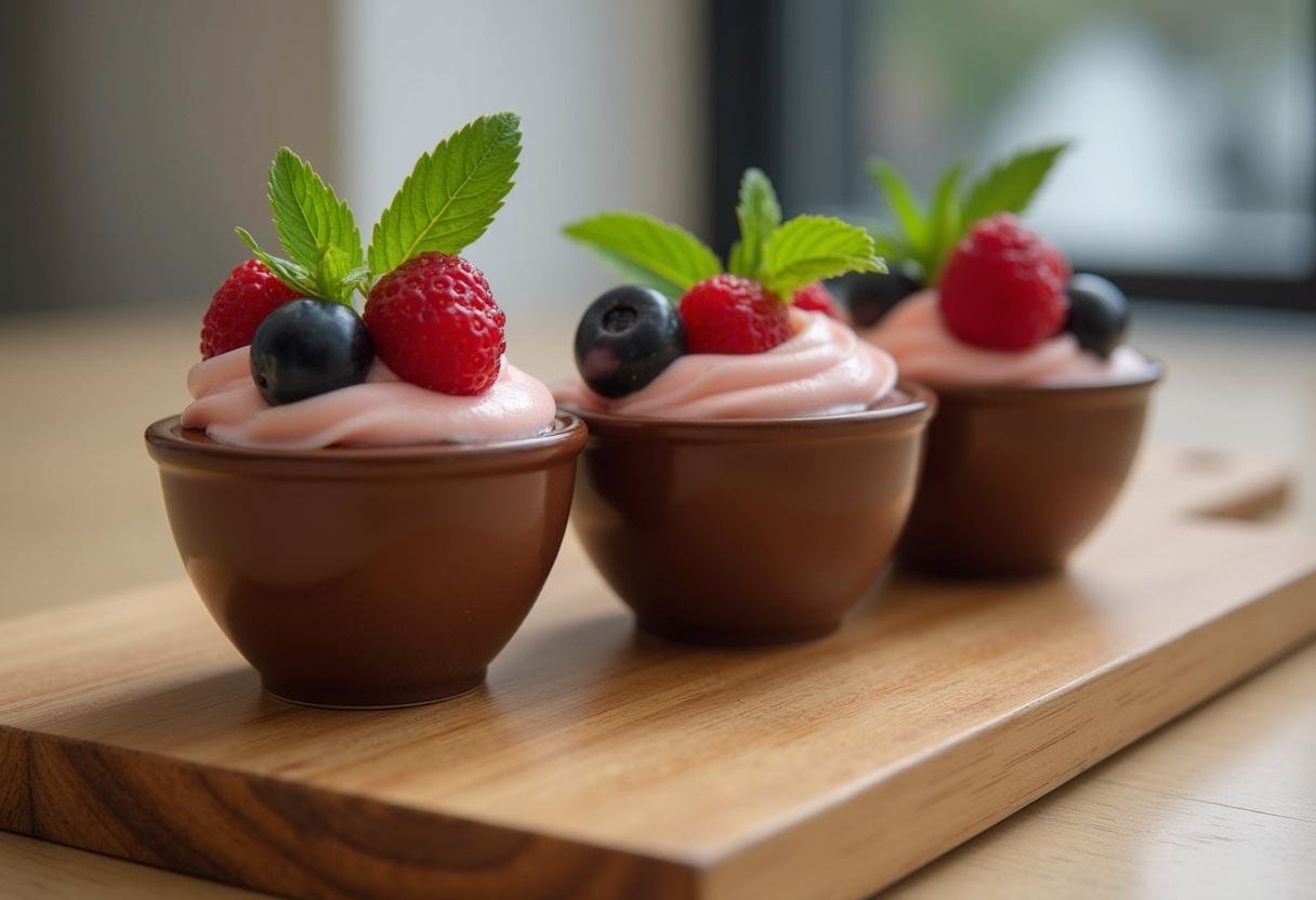 Danone de chocolate caseiro cremoso finalizado, decorado com frutas e folhas de hortelã.