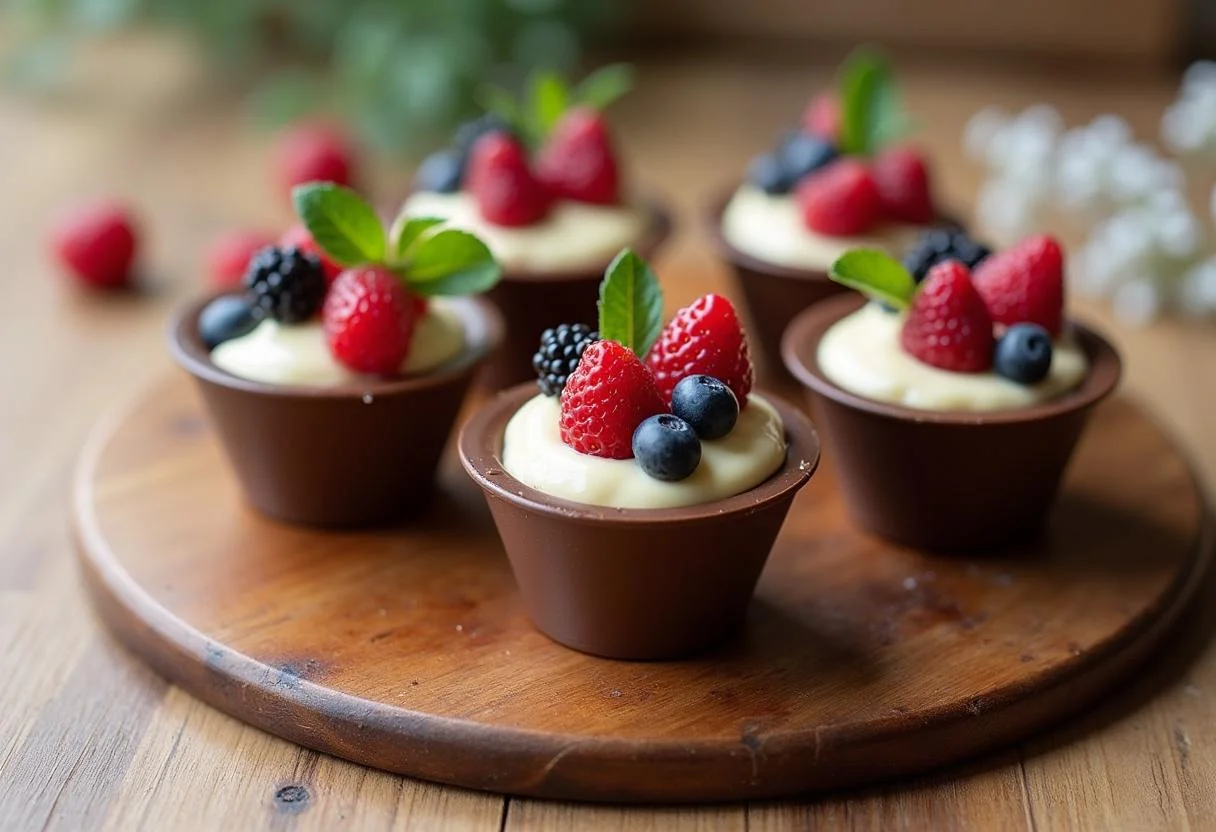 Danone de chocolate caseiro cremoso finalizado, decorado com frutas e folhas de hortelã.