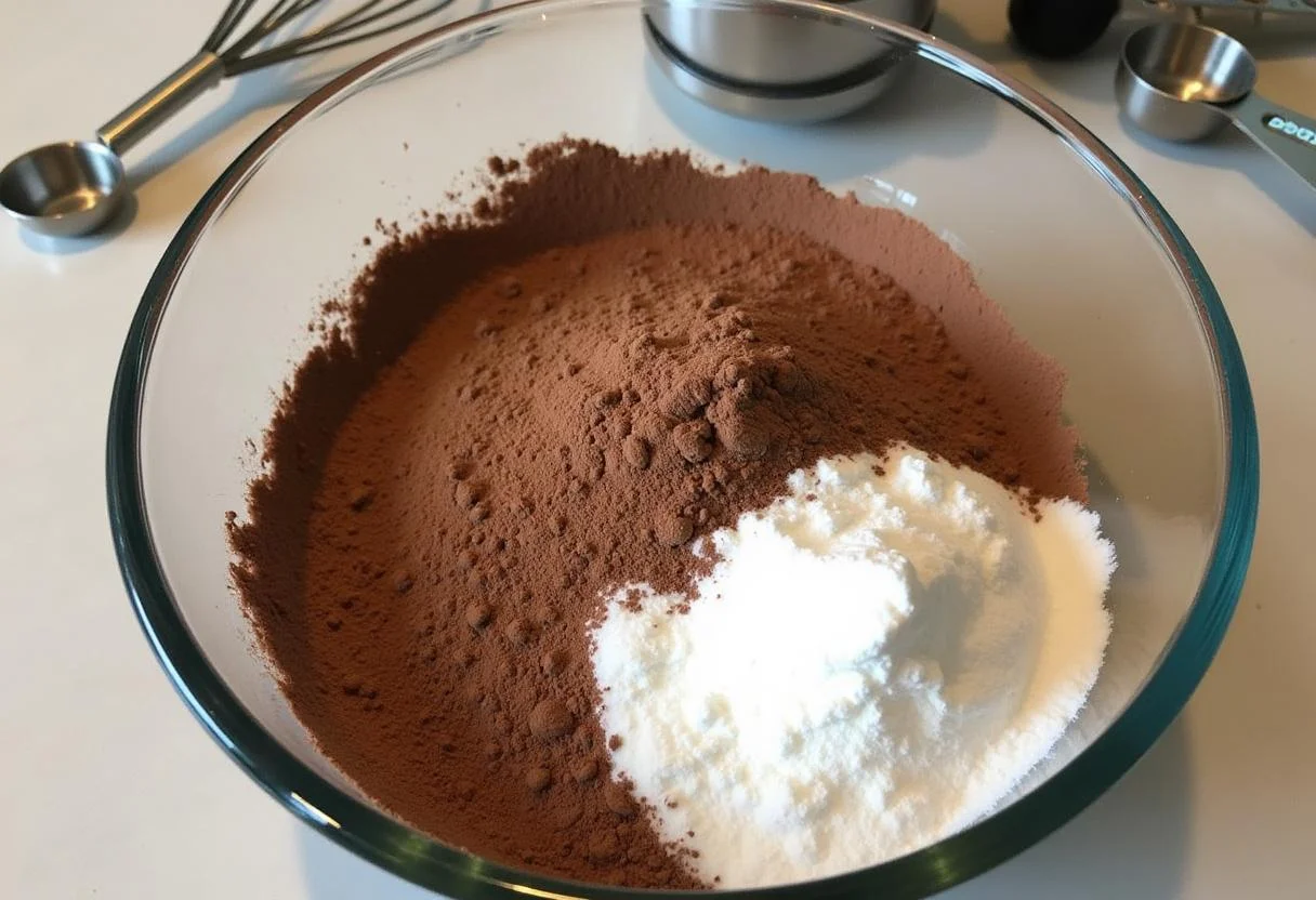 Ingredientes secos para danone de chocolate, incluindo cacau em pó e açúcar, prontos para serem misturados.