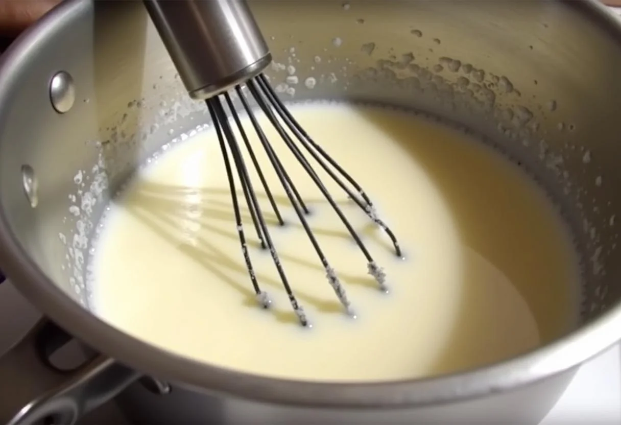Mistura do danone de chocolate caseiro sendo mexida em uma panela até ficar cremosa.
