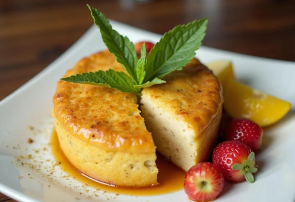 Doce de banana da terra finalizado com folhas de hortelã, ideal para sobremesa.