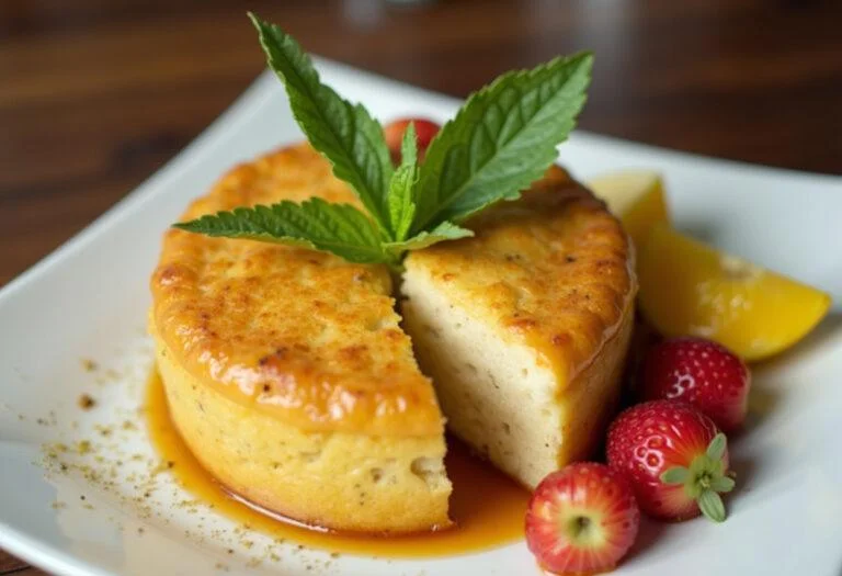 Doce de banana da terra finalizado com folhas de hortelã, ideal para sobremesa.