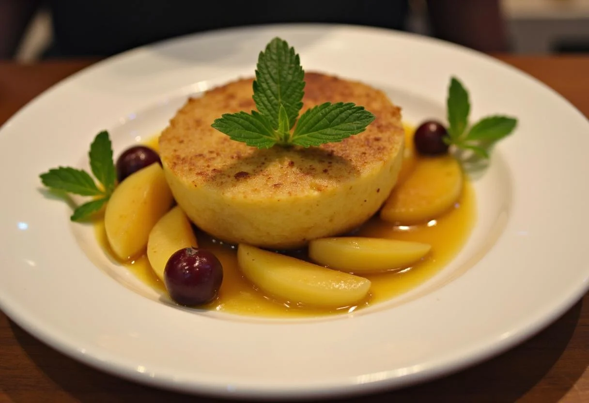 Doce de banana da terra finalizado com folhas de hortelã, ideal para sobremesa.