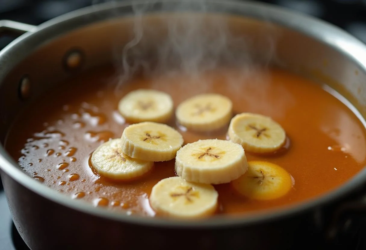 Mistura de doce de banana da terra mostrando banana derretida com ingredientes doces.