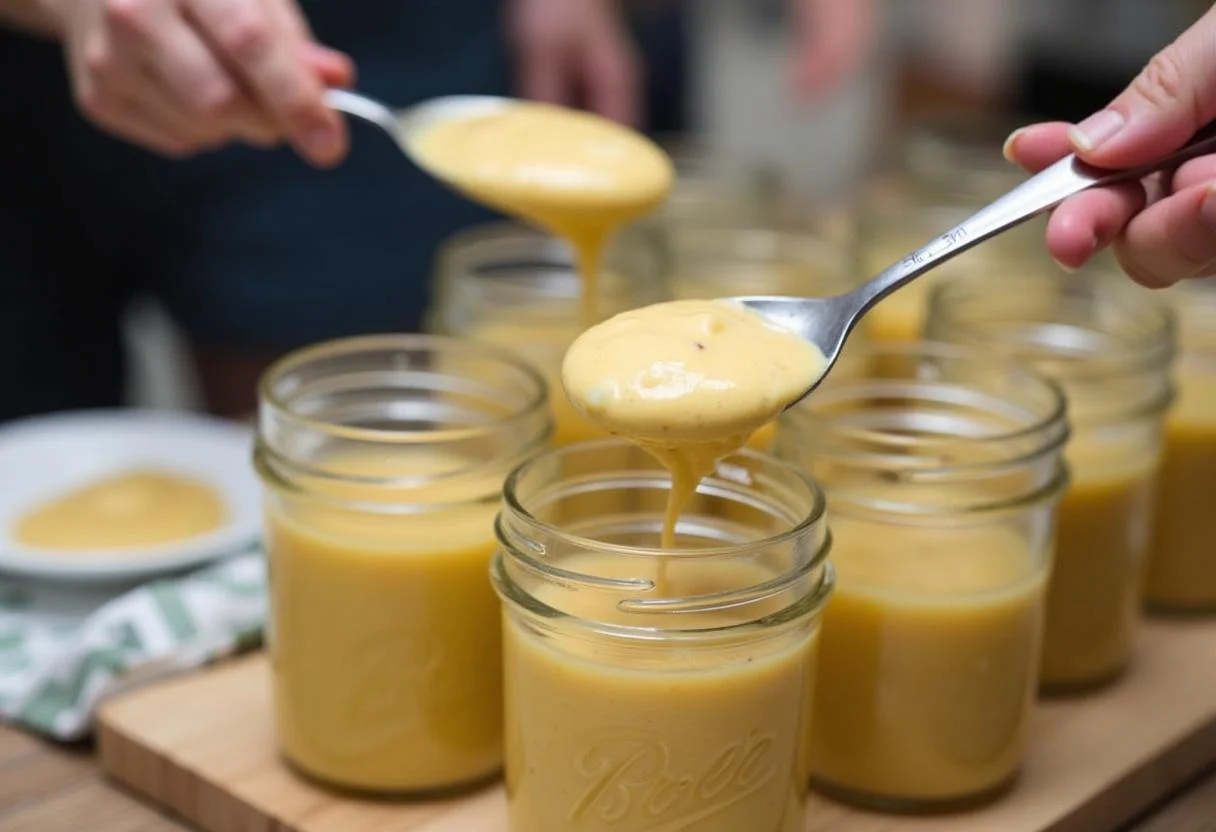 Doce de banana da terra sendo colocado em potes para armazenamento.