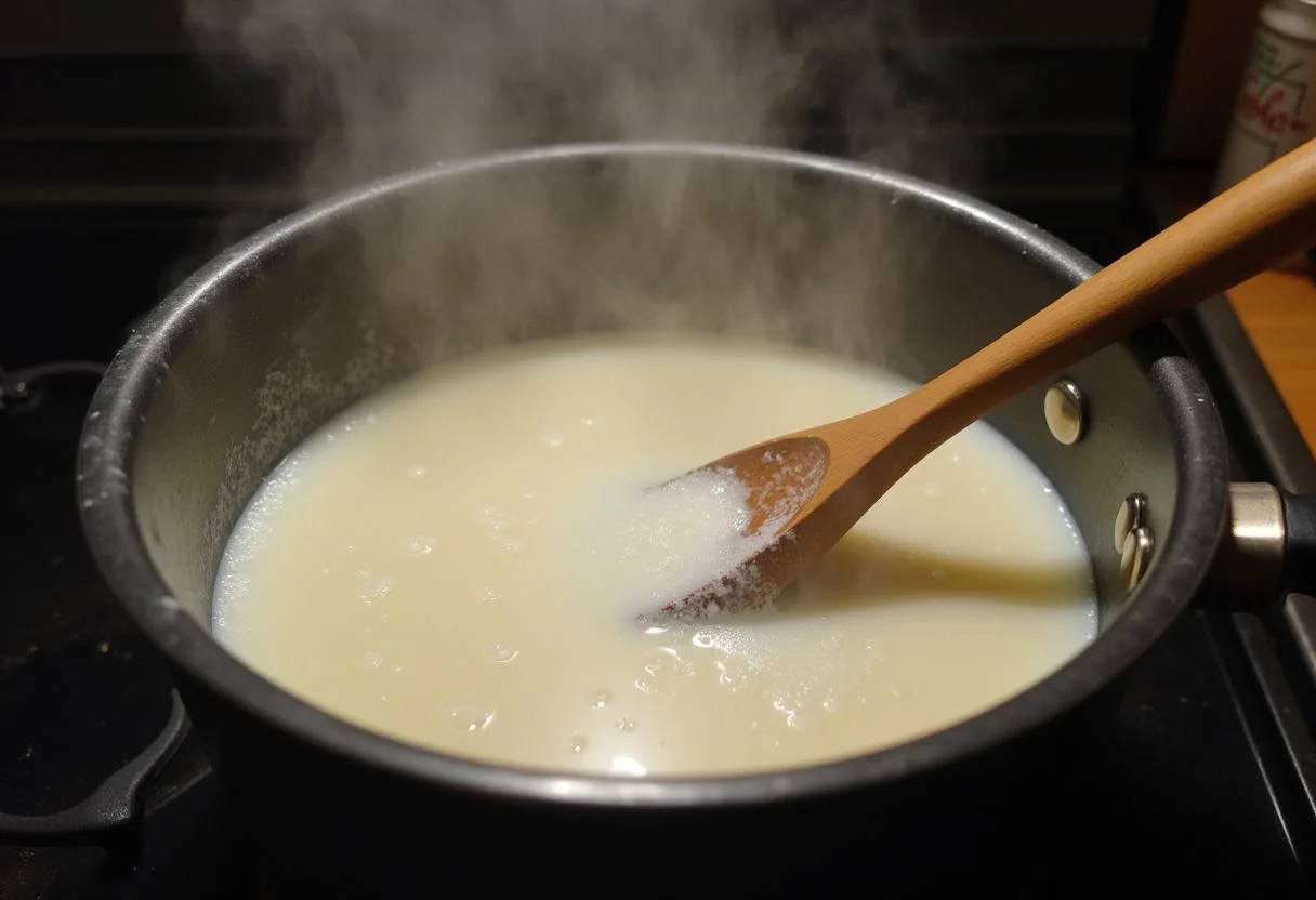 Mistura de leite e açúcar sendo aquecida para fazer doce de leite Dom Mineiro.