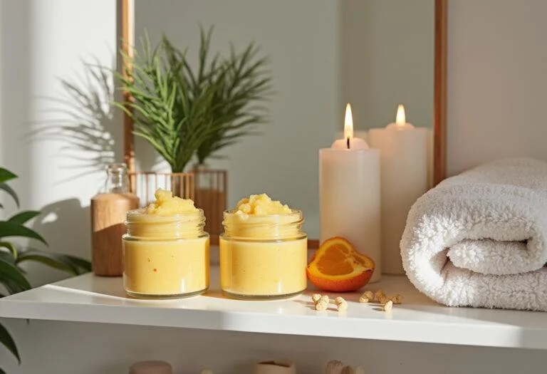 Finished esfoliante de maracuja displayed in a stylish bathroom setting.