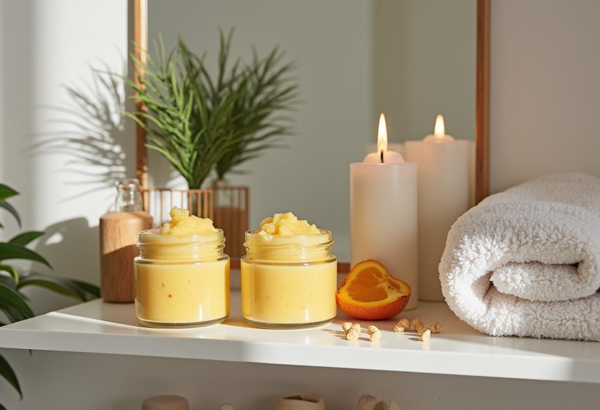 Finished esfoliante de maracuja displayed in a stylish bathroom setting.