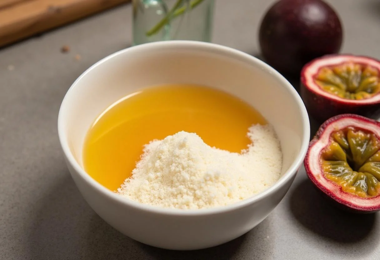 Bowl of sugar and passion fruit pulp for preparing esfoliante de maracuja.