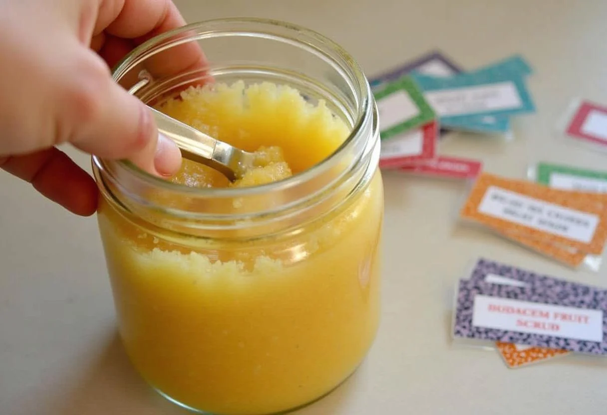 Filling a jar with passion fruit body scrub for esfoliante de maracuja.