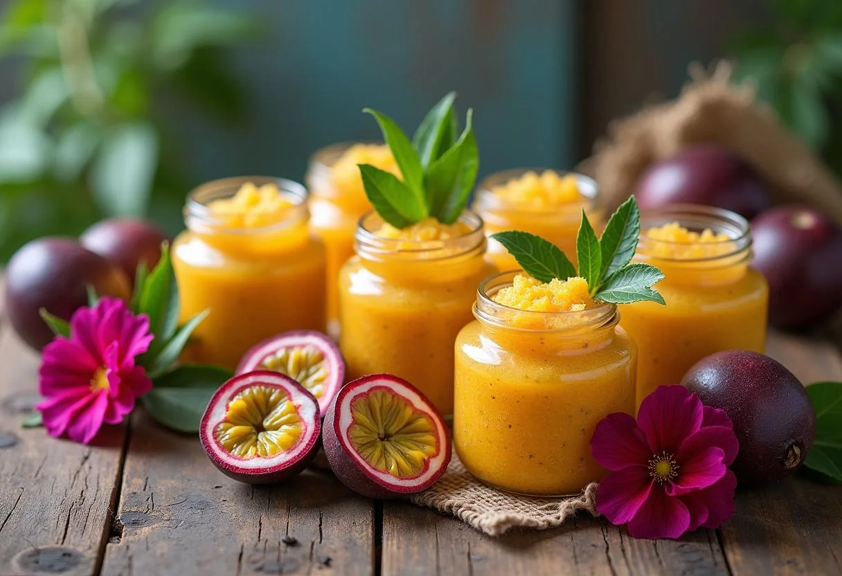 Jars of esfoliante de maracuja displayed with fresh passion fruits and flowers.