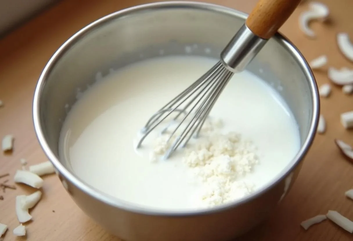 Mistura de leite de côco e açúcar em pó para esmalte cremoso.