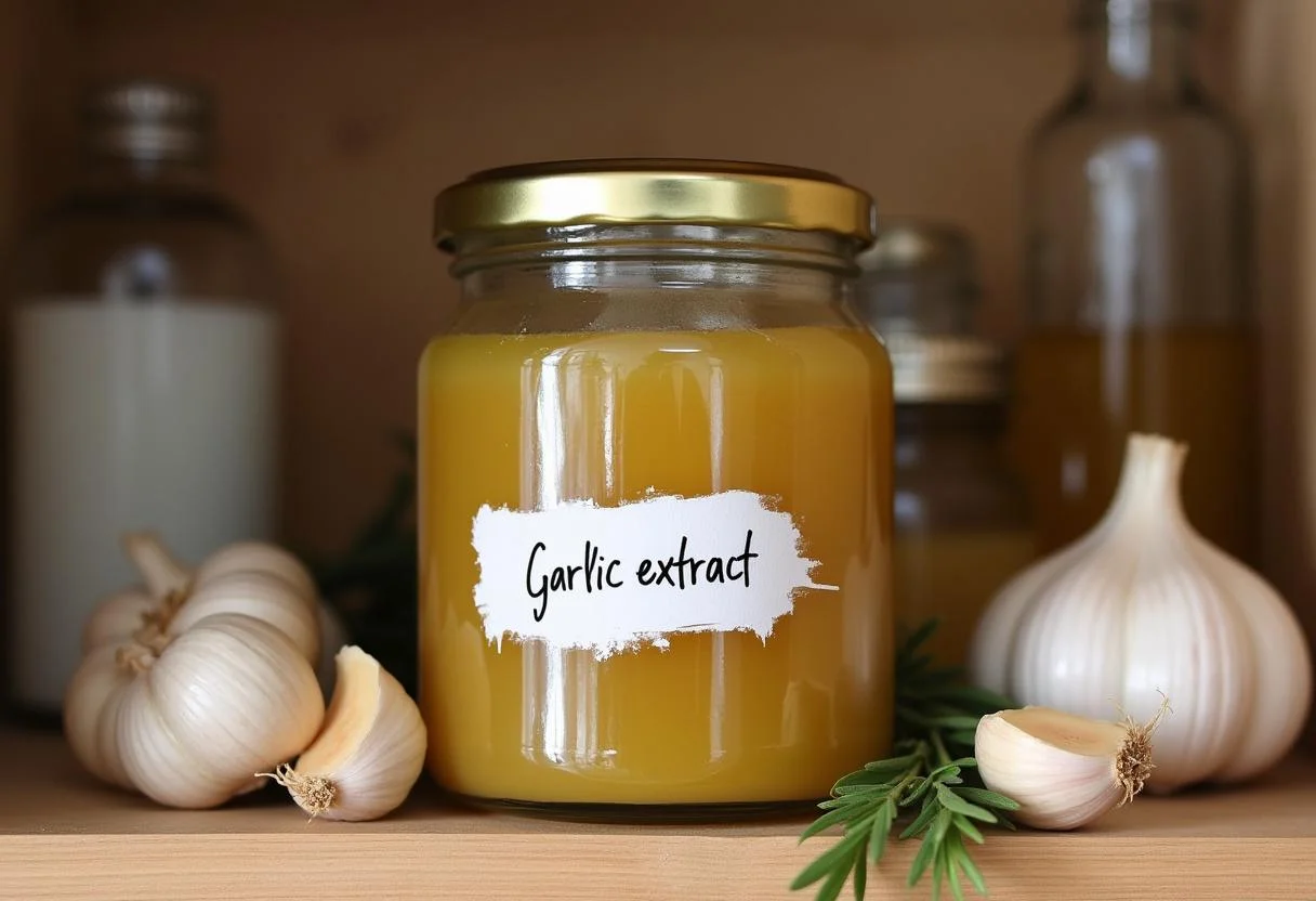 Frasco de extrato de alho caseiro concentrado pronto para uso na cozinha.