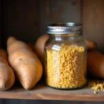 Farinha de batata doce caseira em um frasco, pronta para uso na cozinha.