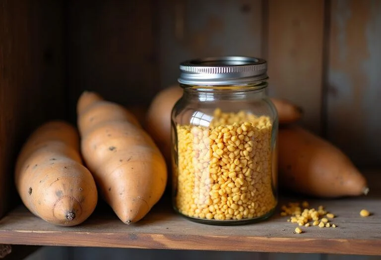 Farinha de batata doce caseira em um frasco, pronta para uso na cozinha.