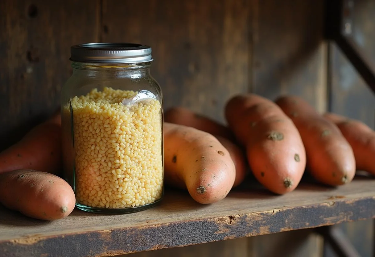 Farinha de batata doce caseira em um frasco, pronta para uso na cozinha.