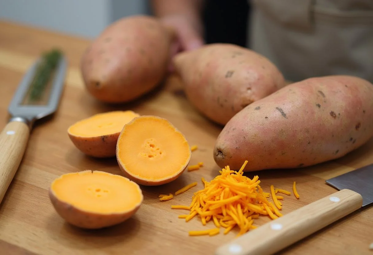 Preparação de batatas doces frescas para fazer farinha de batata doce.