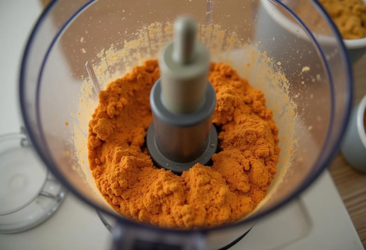 Processador de alimentos misturando batata doce seca para criar farinha de batata doce.