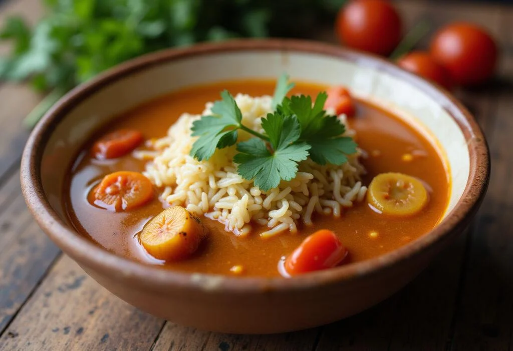 Feijão cozido simples pronto para servir, acompanhado de arroz e coentro fresco.