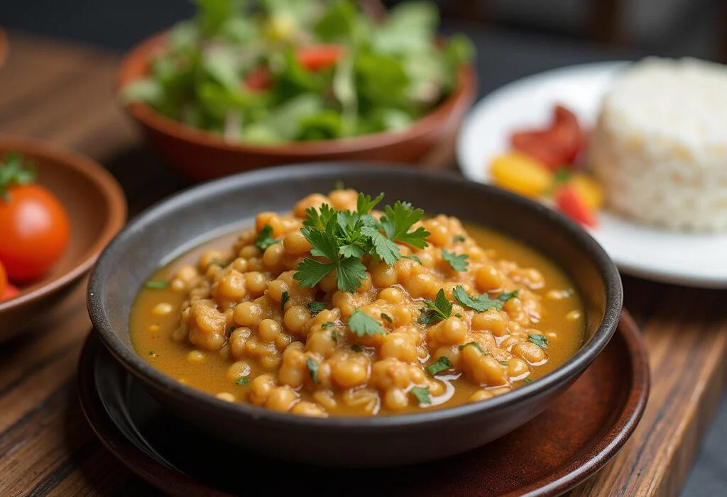 Feijão kaldinho pronto, decorado com ervas frescas, servido com arroz e salada, ideal para uma refeição saborosa.