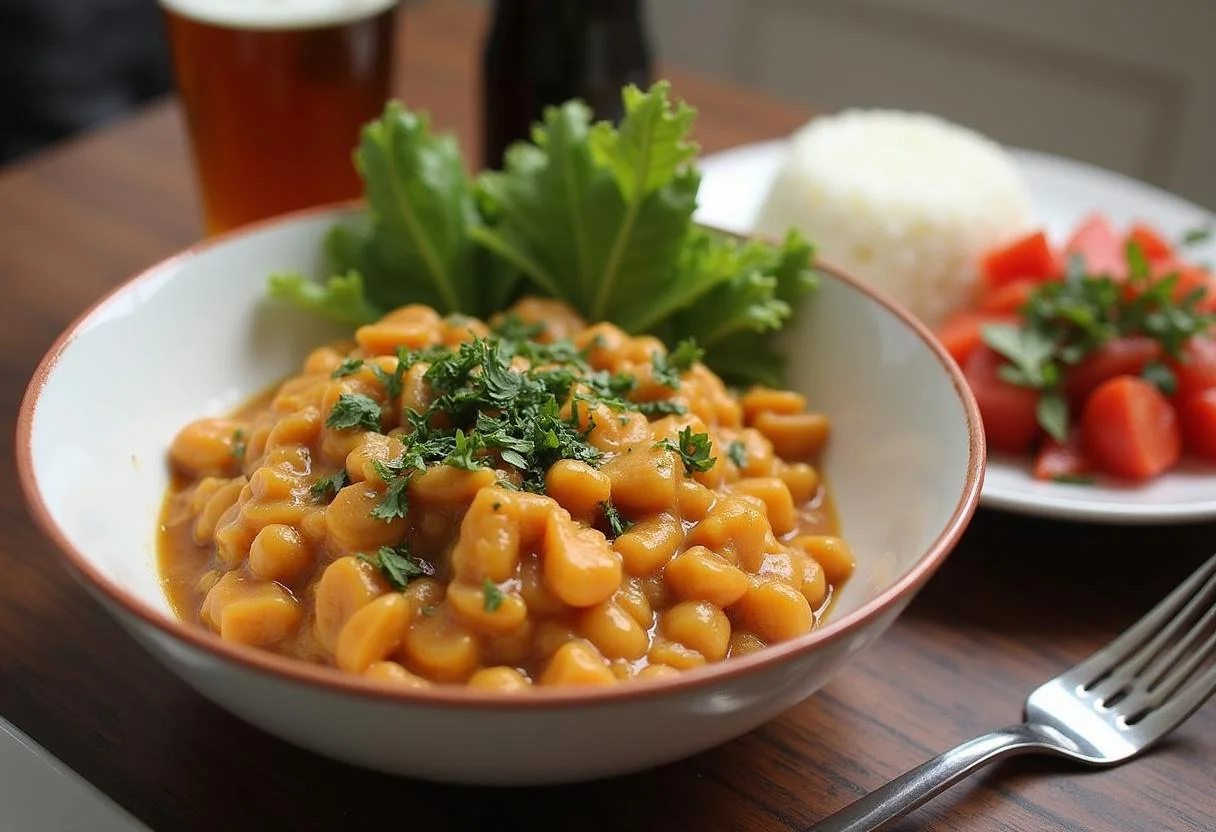 Feijão kaldinho pronto, decorado com ervas frescas, servido com arroz e salada, ideal para uma refeição saborosa.