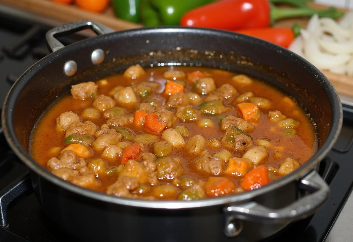 Feijão kaldinho de 1kg cozinhando em uma panela no fogão, com legumes coloridos ao fundo.