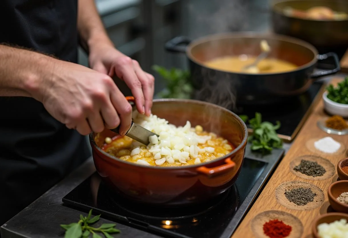 Adicionando cebola e alho picados no feijão kaldinho para temperar a receita.