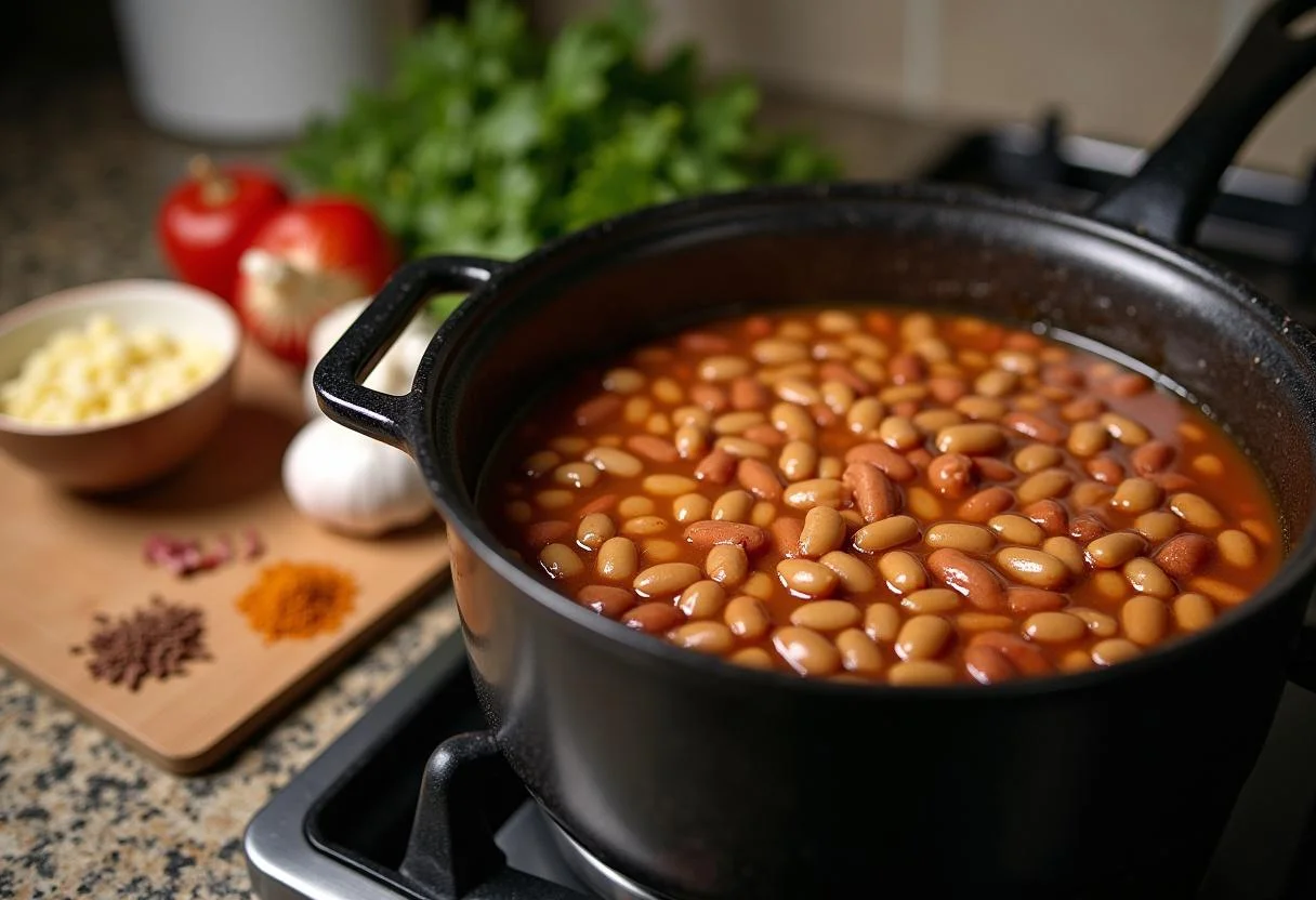 Feijão cozinhando em uma panela com temperos, base para o Feijão Tropeiro Mineiro.