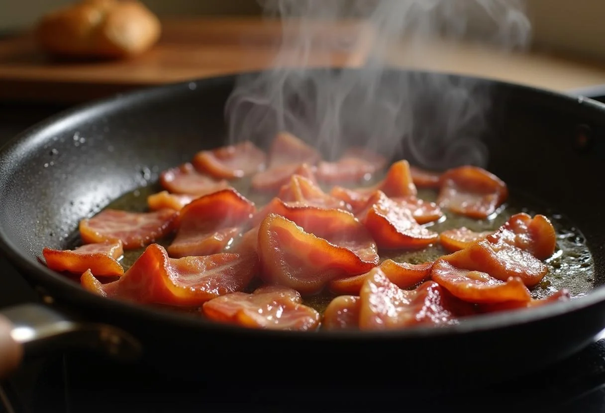 Bacon fritando em uma frigideira, ingrediente essencial do Feijão Tropeiro Mineiro.