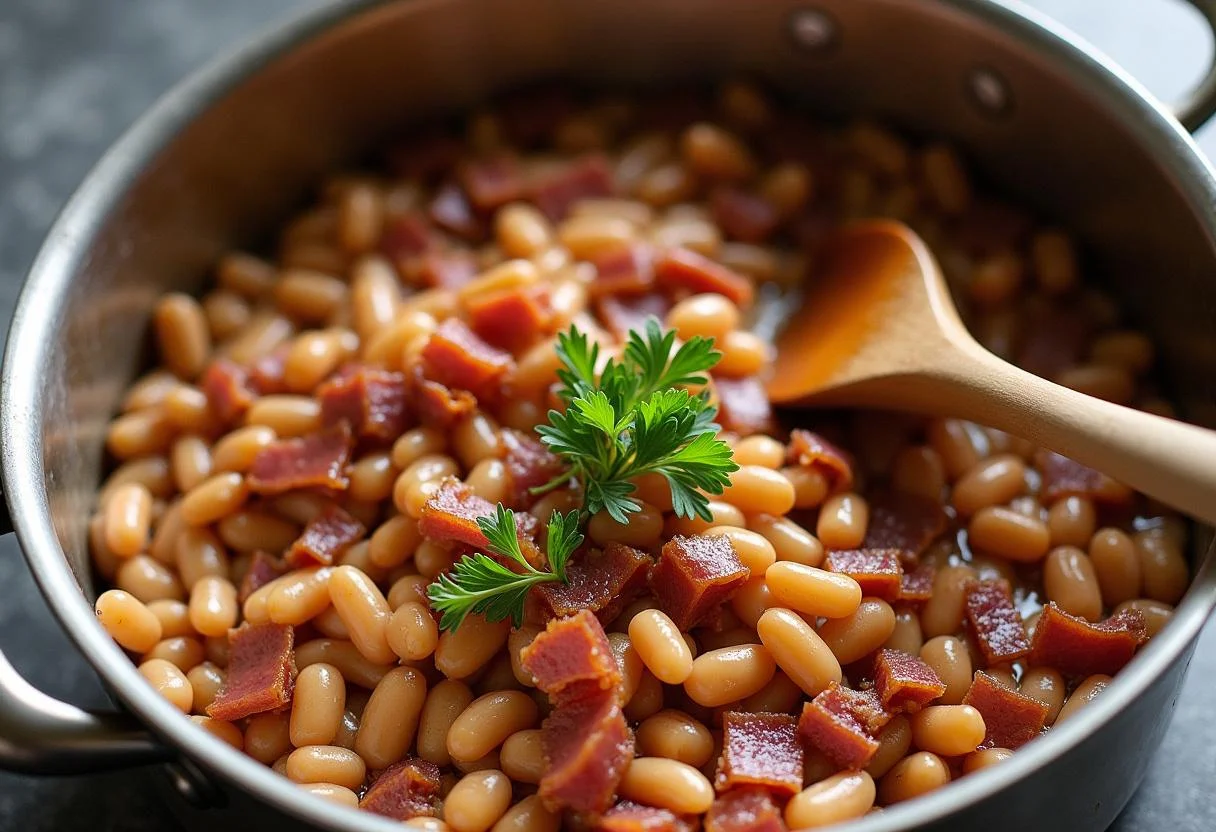 Mistura de feijão e bacon sendo mexida, preparando o Feijão Tropeiro Mineiro.