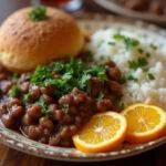 Prato de feijoada tradicional com bola de feijão, arroz e laranja, perfeito para refeições em família.