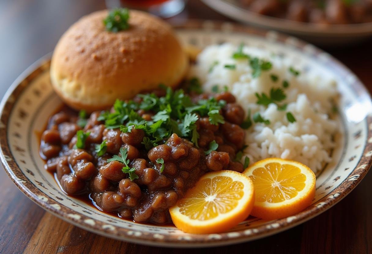 Prato de feijoada tradicional com bola de feijão, arroz e laranja, perfeito para refeições em família.