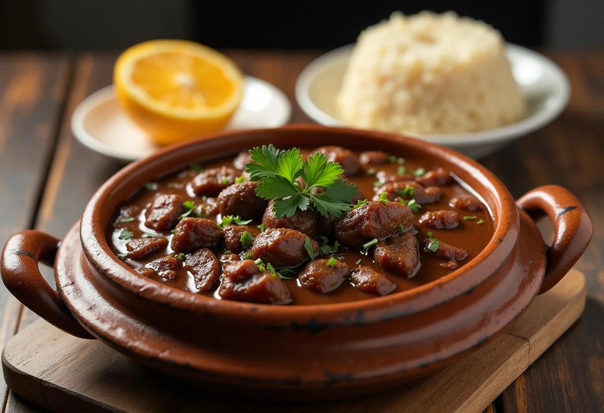 Prato de feijoada tradicional com bola de feijão, arroz e laranja, perfeito para refeições em família.