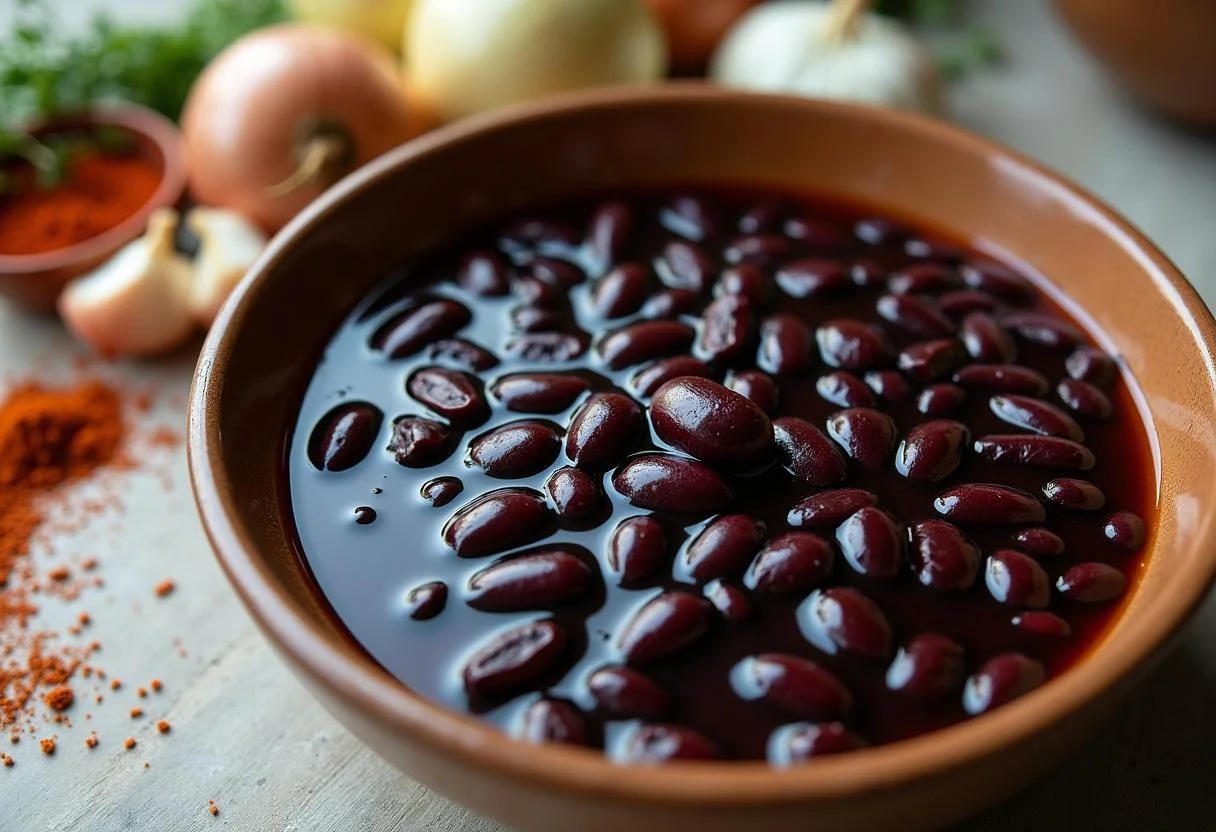 Feijão preto de molho com ingredientes para feijoada como cebola e alho.